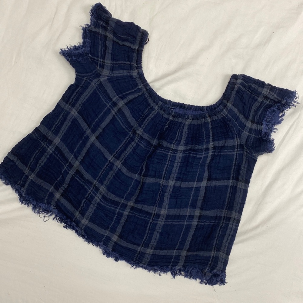 Lucky Brand Women's Blue Plaid Raw Hem Off The Shoulder Peasant Crop Top Size S
